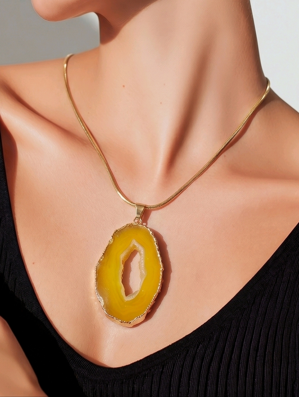 Yellow Agate Slice Pendant Necklace Gold Druzy Statement Sunshine Glow Jewelry